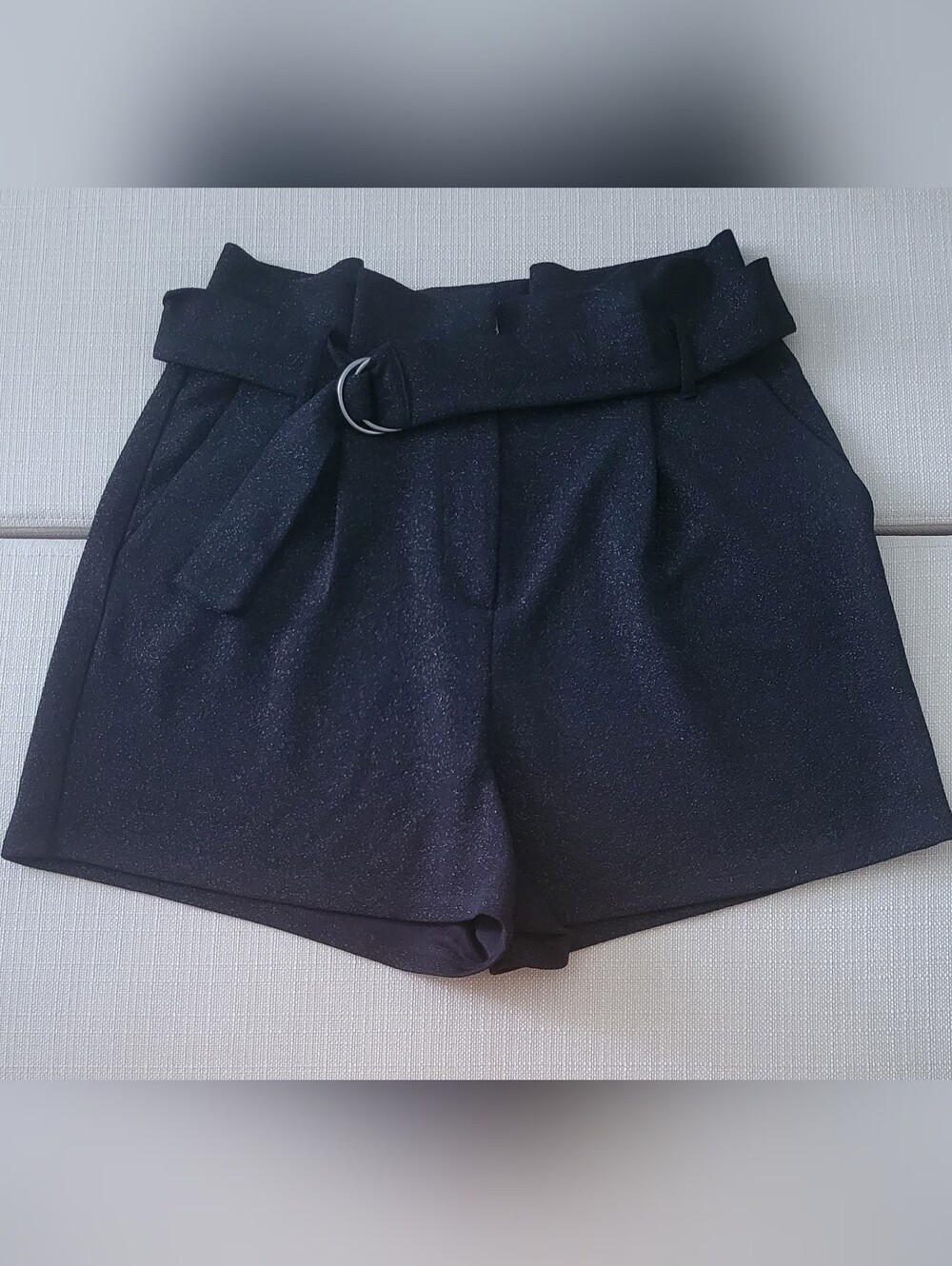 Leith Black Sparkle High-Waist Belted Shorts Size Medium B-243